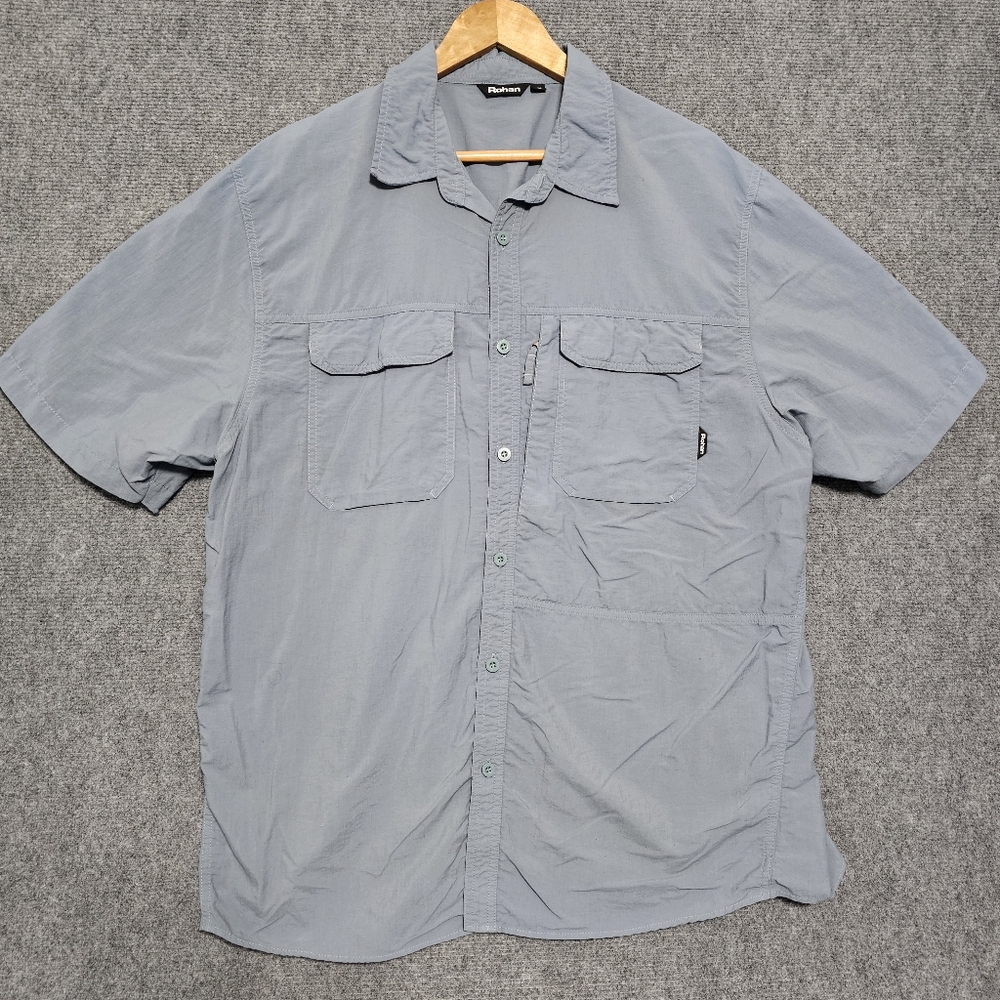 Rohan Expedition Button Up Shirt Short Sleeve XL Insect Biteguard Blue Gray